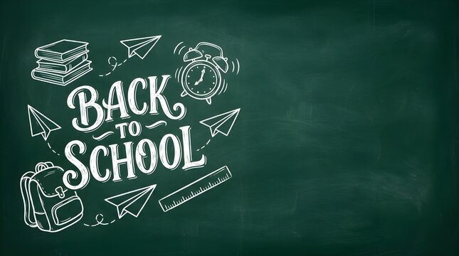 Back to school chalkboard background with white chalk drawings. Green blackboard texture with school supplies, hand drawn icons and copy space.