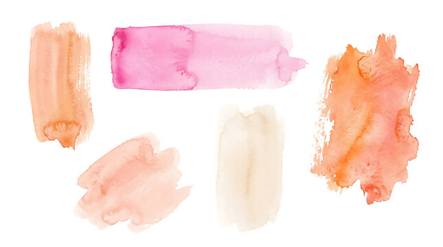Set of five distinct watercolor brush strokes in shades of orange, peach, and pink with textured edges on a white background isolated on a transparent background