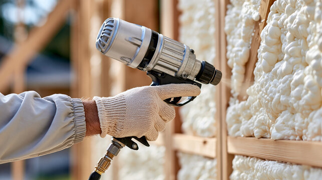 Close-up of hand using spray gun to apply expanding foam insulation to wooden wall studs in new residential building, defocused background, with copy space
