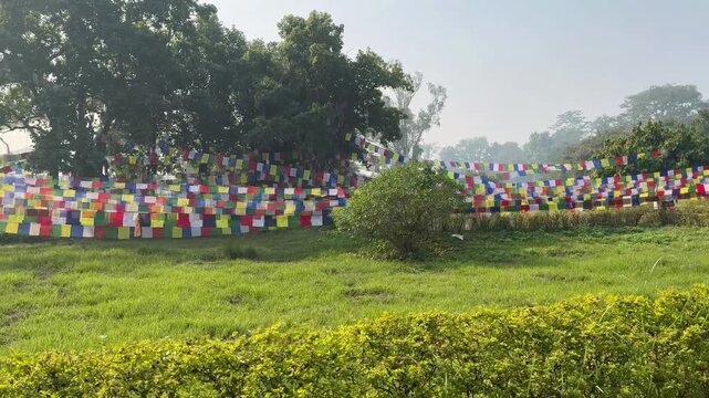 Prayer Flags tying all the Bodhi trees at Lumbini Garden, Buddha birthplace in Nepal