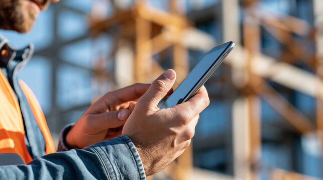 Close-up of hands holding phone at construction site for development report and communication, project schedule concept, defocused background, with copy space