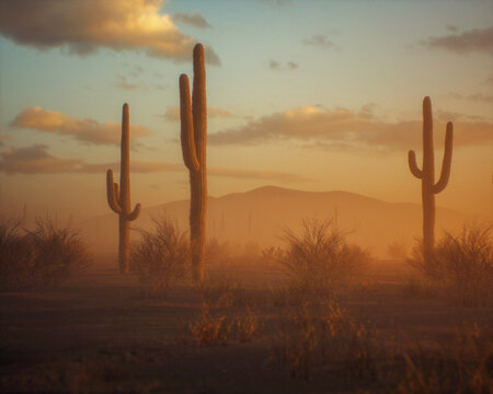 Cacti and succulent vegetation in foggy arid environment during sunrise. 3D render.