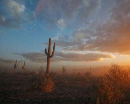 Cacti and succulent vegetation in foggy arid environment during sunrise. 3D render.