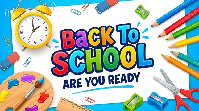Back to school banner with colorful stationery supplies. Educational background featuring pencils, alarm clock and paint. Creative school poster.