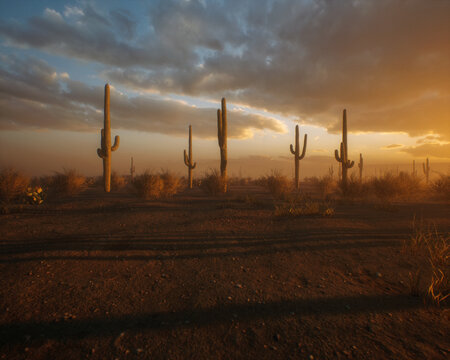 Cacti and succulent vegetation in foggy arid environment during sunrise. 3D render.