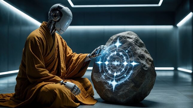 Robot monk in orange robes sits by large rock. Digital sound wave displays on stone surface. Futuristic setting with glowing lights. Machine interacts with nature.
