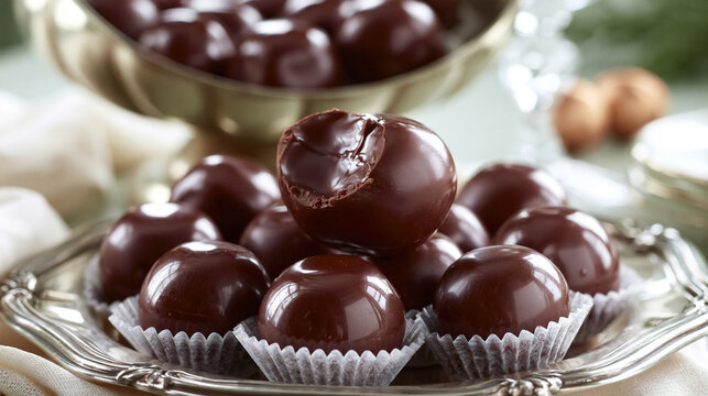 Dark chocolate truffles on a silver tray, featuring a bitten piece revealing creamy ganache filling. Representing decadent indulgence