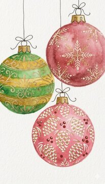 Hand-Painted Holiday Artwork Showcasing Traditional Christmas Decorations in a Soft Airy Watercolor Style with Refined Seasonal Accents