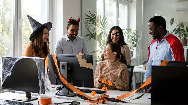 Happy multicultural team celebrating Halloween party in modern office wearing creative costumes and having fun together