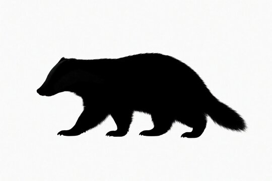 Black badger silhouette walks against white background. Fur detail visible on animal outline. Side view mammal shape for graphic design use.