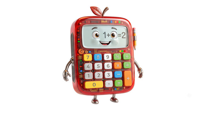 Red apple shaped calculator character teaching mathematics and school subjects