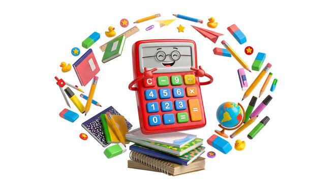 Smart calculator character wearing glasses standing on top of school books