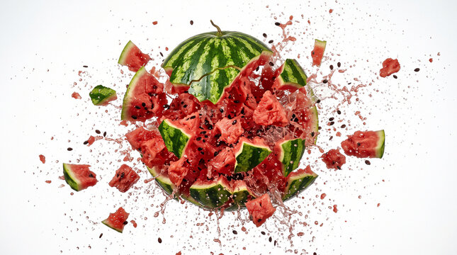 Whole watermelon exploding with flying chunks and juice isolated on white