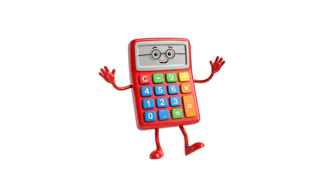 Cheerful calculator character waving hands isolated on white background