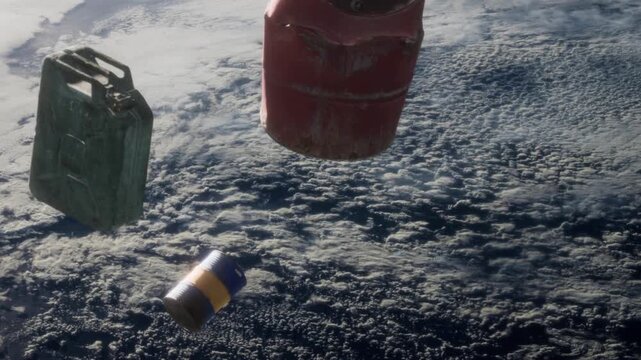 Objects are seen drifting in low Earth orbit above clouds and ocean. Items include a red canister, a blue container, and a green jerry can. This scene shows how objects behave in space.
