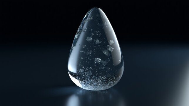 Clear water droplet on dark surface with bubbles suspended inside during evening light