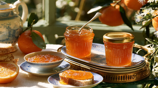 Sweet, tangy marmalade filling glass jars and spreading on bread, with fresh oranges and a flowering branch creating an inviting breakfast scene