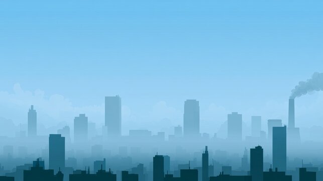 City skyline under blue sky with mist and smoke in the distance during early morning hours