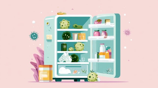 Fridge full of germs with various food items and containers