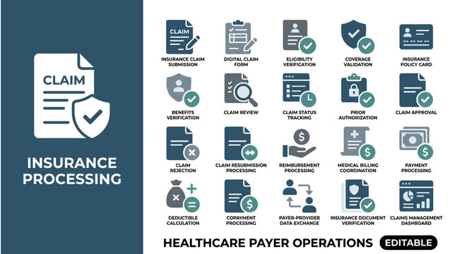 Medical insurance processing and healthcare claim operations icons