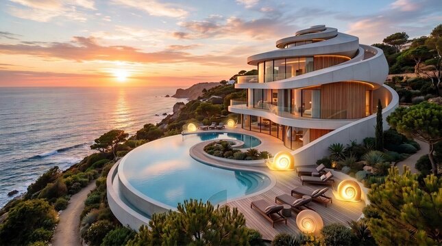 Modern spiral mansion on cliffside by ocean at sunset. Luxury villa with infinity pool and snail-shaped glowing decor. Architectural design for exclusive travel and vacation lifestyle.