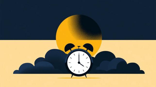 Clock shows time as sun rises above clouds in a clear sky