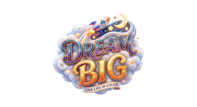 Whimsical dream big typography graphic with rocket and stars, typography