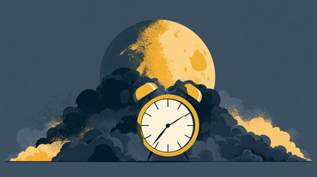 Clock sits on the ground surrounded by clouds and a large moon in the night sky