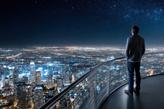 Nighttime city skyline view from a high observation deck captures serene contemplation