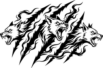 Fototapeta premium Three Snarling Wolf Heads with Claw Marks Vector Illustration