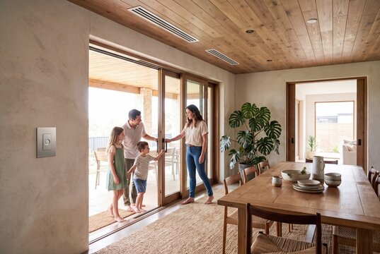 Family opening sliding glass door to patio in modern luxury home