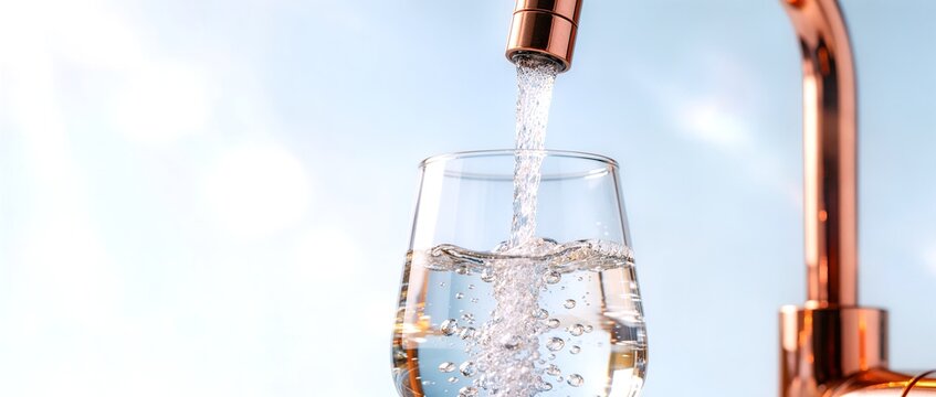Crystal clear water pouring into a modern glass from a sleek copper faucet