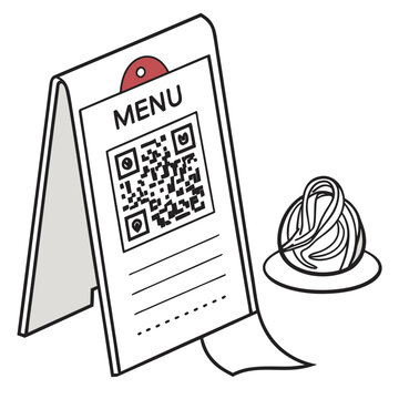 Restaurant menu stand with qr code and pasta dish icon, qr code