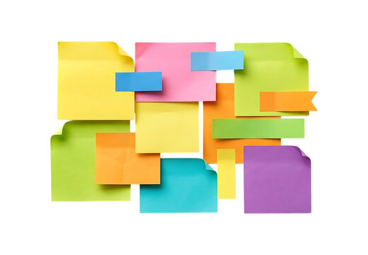 Collection of colorful sticky notes arranged in a messy pile for reminders and office tasks isolated on transparent background
