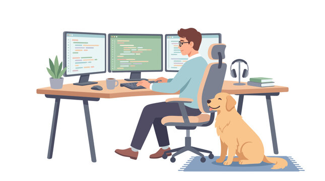 Programmer working at triple monitor workstation with golden retriever.