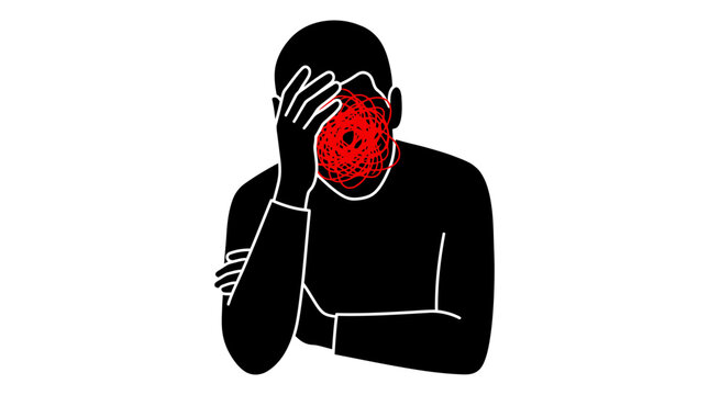Stressed person holding head in hands with a chaotic red scribble covering their face representing mental health struggles anxiety confusion depression emotional burnout isolation sadness and deep psy