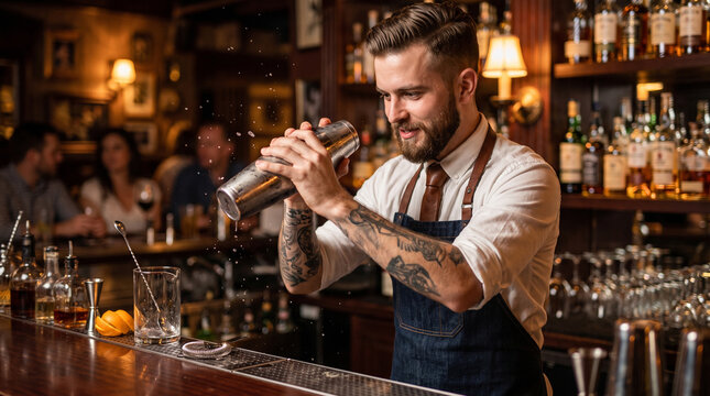 A focused professional male bartender vigorously shaking a cocktail in a dimly lit, upscale speakeasy bar. Dynamic high-speed shot with frozen droplets. Highly detailed.
