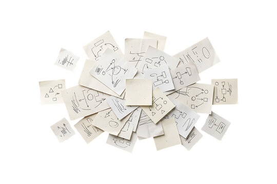 A large pile of small paper notes with handwritten black ink marks and scattered dots arranged in a messy cluster isolated on transparent background