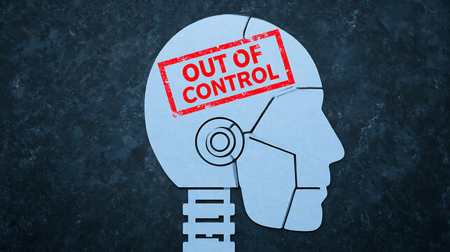 Conceptual Robot Head with "Out of Control" Stamp: A Metaphor for AI Risks, Machine Autonomy, and Technological Failure