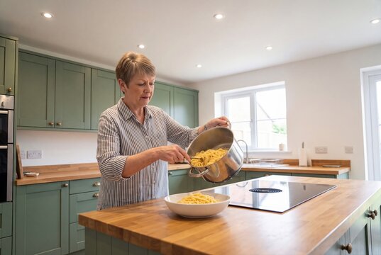 Senior woman cooking pasta in modern green kitchen preparing dinner