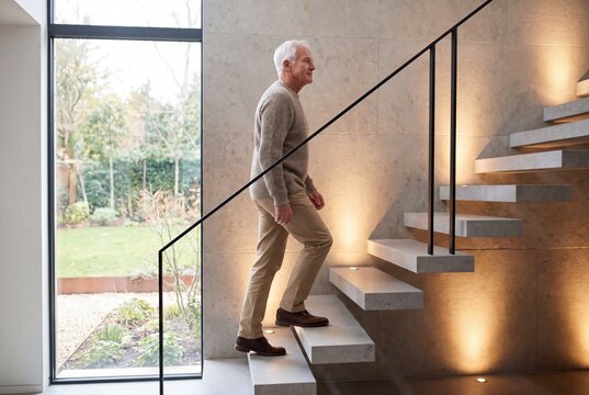 Senior man walking up modern staircase at home lifestyle portrait