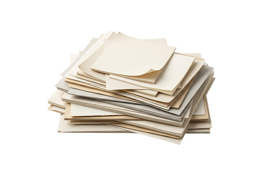 A stack of multiple blank cream paper sheets with rough deckle edges isolated on transparent background