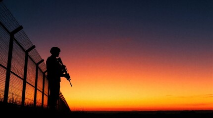 Fototapeta premium Soldier silhouetted with rifle stands guard near wire fence at dusk. Sunset sky paints horizon with orange, yellow, purple hues. Military personnel on duty at border at twilight.