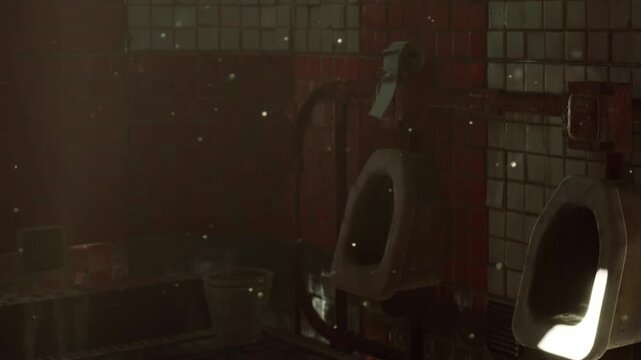 Two urinals sit in a restroom. Light streams through the windows creating shadows on the floor. The space shows signs of wear and aging with a simple layout.