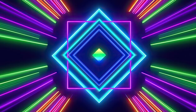 Vibrant neon squares and lines radiate from center, creating a psychedelic, futuristic tunnel effect