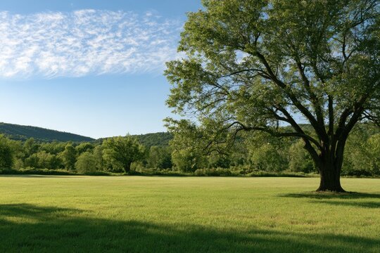 Majestic tree shades a sunlit meadow against rolling green hills and blue sky
