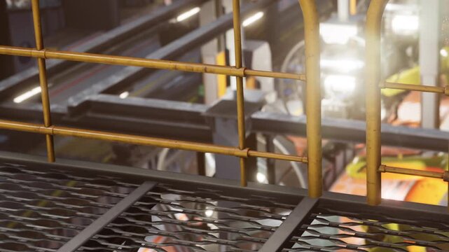 Workers are engaged in tasks in a manufacturing facility. The scene shows metal railings and sections of machinery. Bright lights illuminate the workspace.