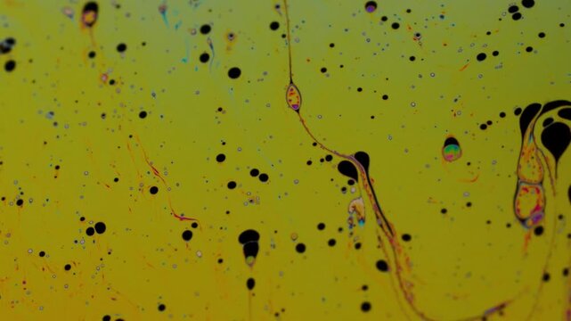 Abstract Macro Shot of Liquid Fluid Dynamics with Swirling Black Oil Droplets on Yellow Background