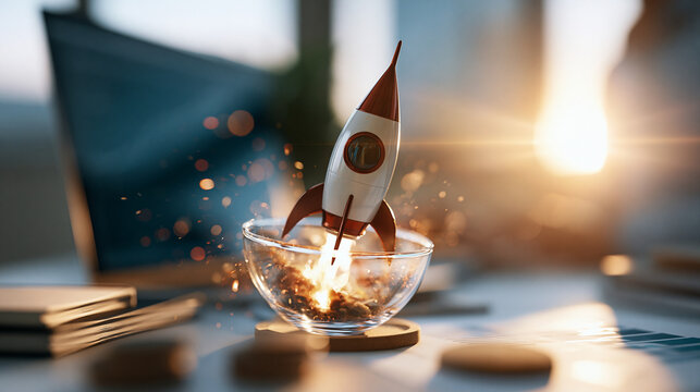 Business startup growth concept with a rocket launching from a bright clean office desk dynamic composition representing innovation success and strategic development bright