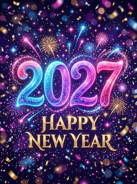 Year 2027 neon numbers glowing above happy new year text with colorful fireworks and festive confetti.